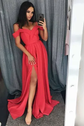 Simple Cold Shoulder Red Satin Straps Prom Dresses A Line with Split Evening Dresses