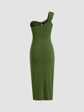 Solid one shoulder midi dress in green