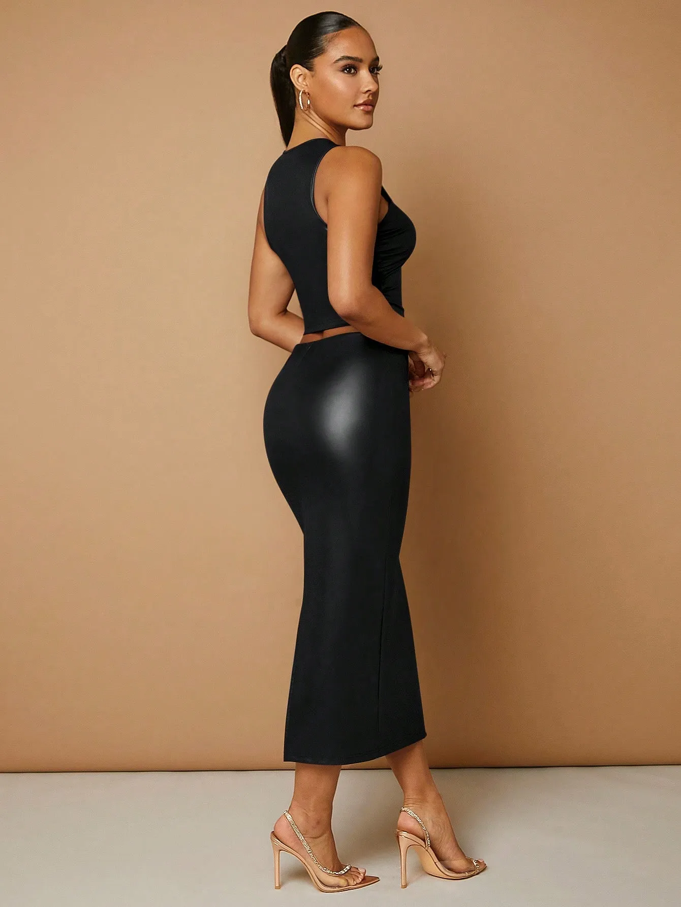 Solid PU Leather Tank Top & Pencil Skirt