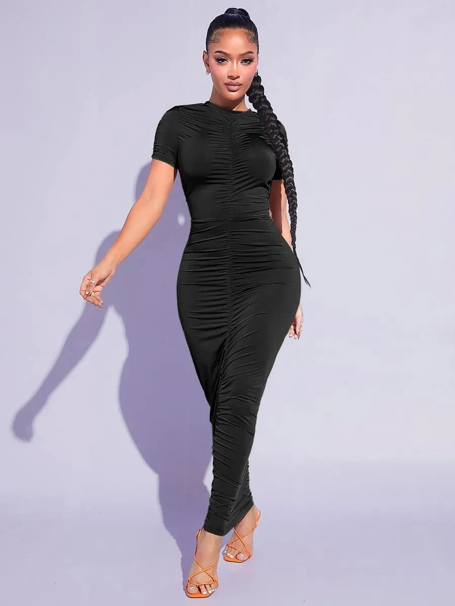 Solid Ruched Bodycon Dress in black