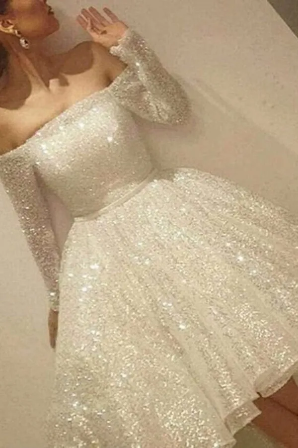 Stunning Sequins Off the Shoulder Long Sleeves Prom Dresses