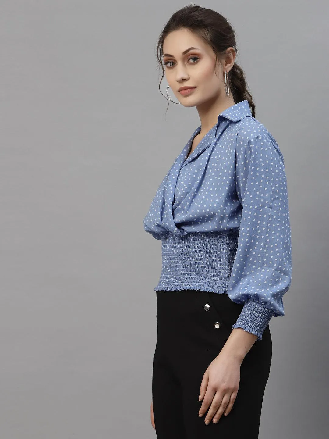 Style Quotient Blue And White Polka Dot Printed Polyester Smart Casual Top