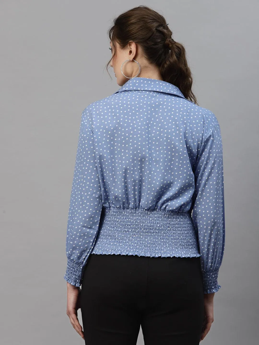 Style Quotient Blue And White Polka Dot Printed Polyester Smart Casual Top