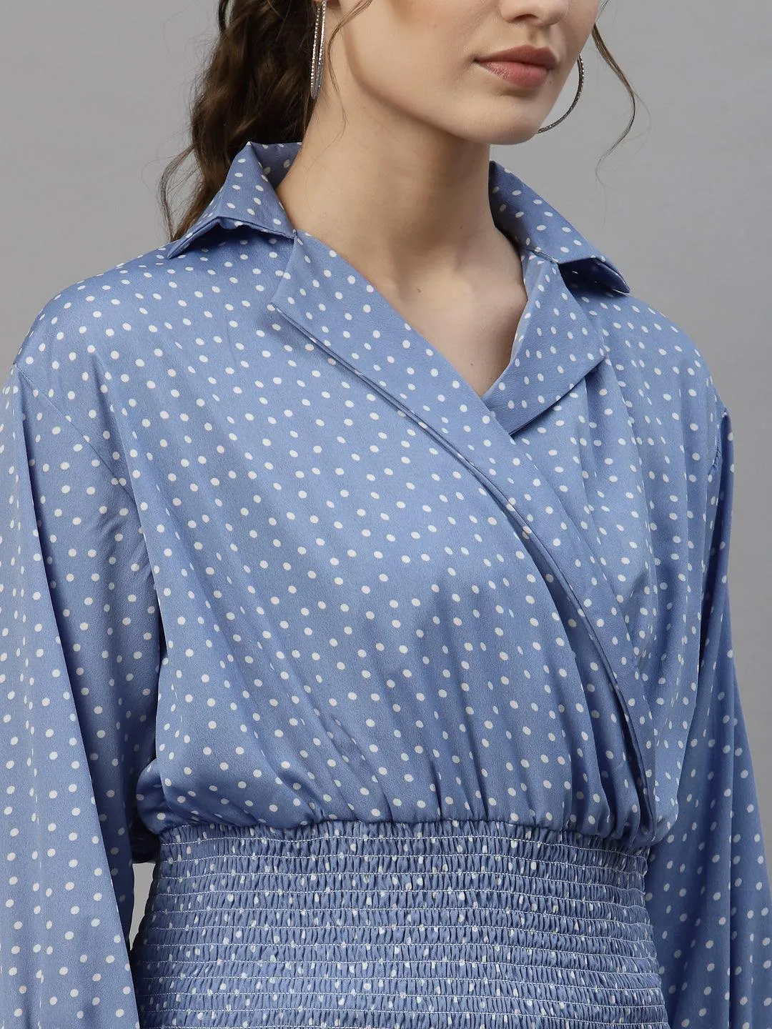 Style Quotient Blue And White Polka Dot Printed Polyester Smart Casual Top