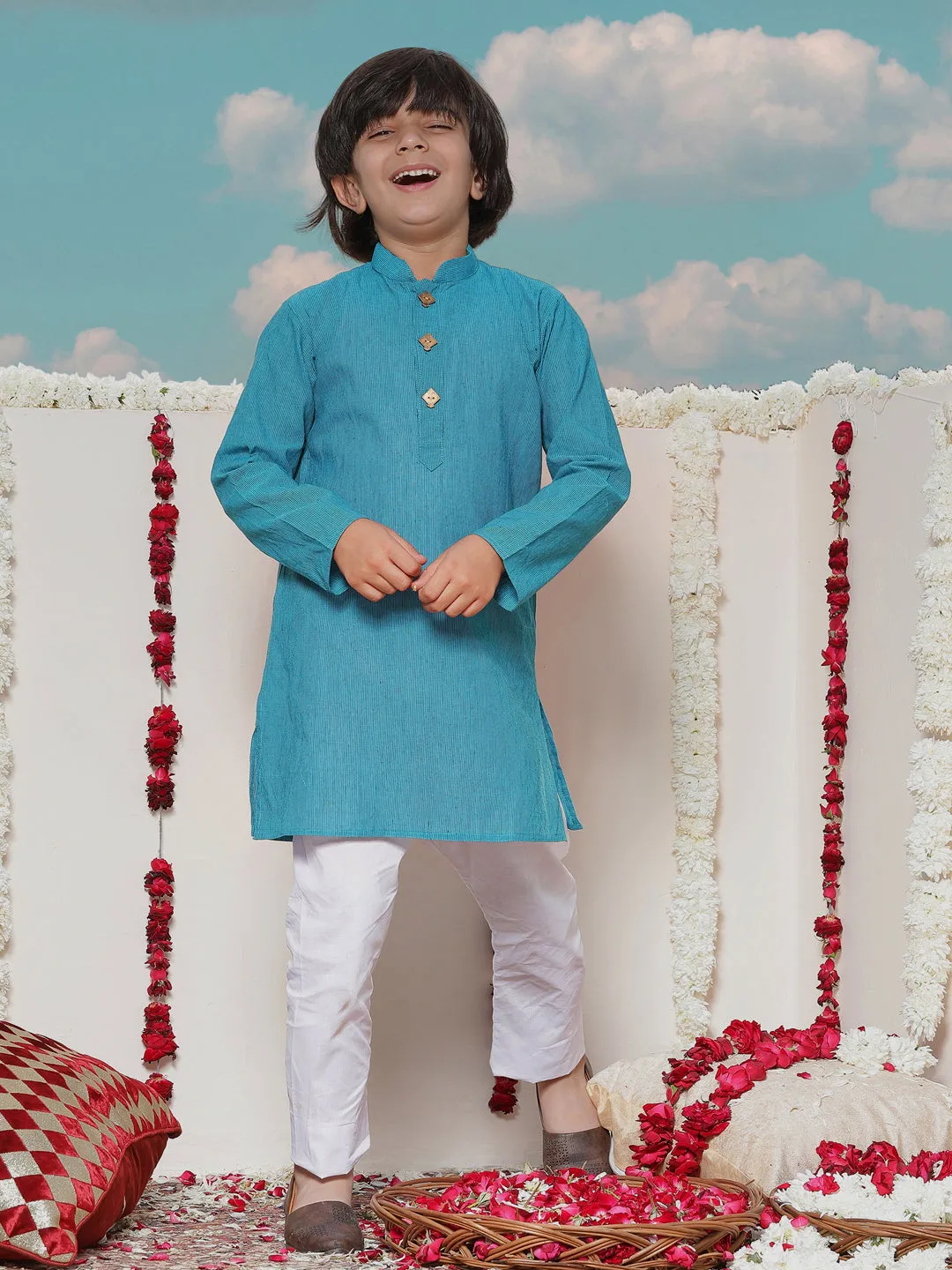 Vastramay Boy's Aqua Blue Cotton Kurta and Pyjama Set