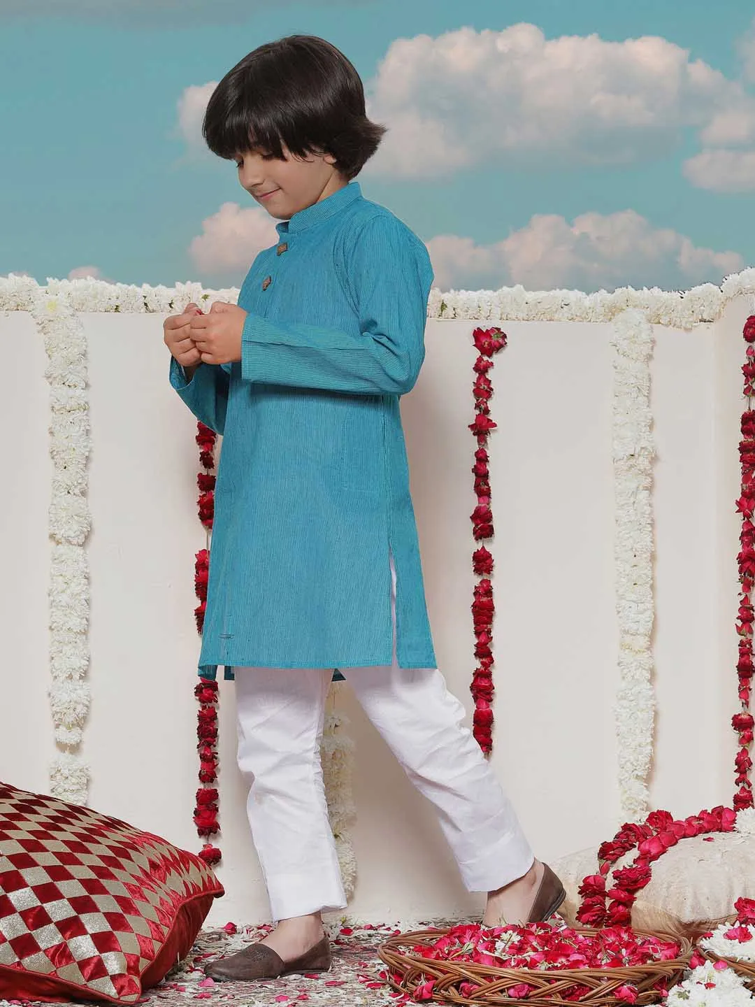 Vastramay Boy's Aqua Blue Cotton Kurta and Pyjama Set