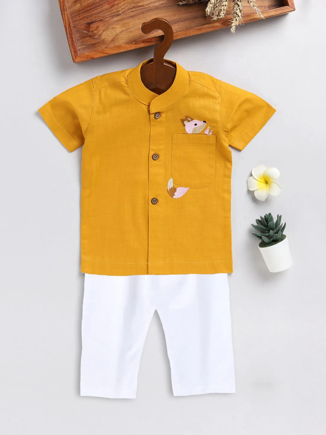 VASTRAMAY Boy's Mustard and White Embroidered Cotton Kurta Pyjama Set