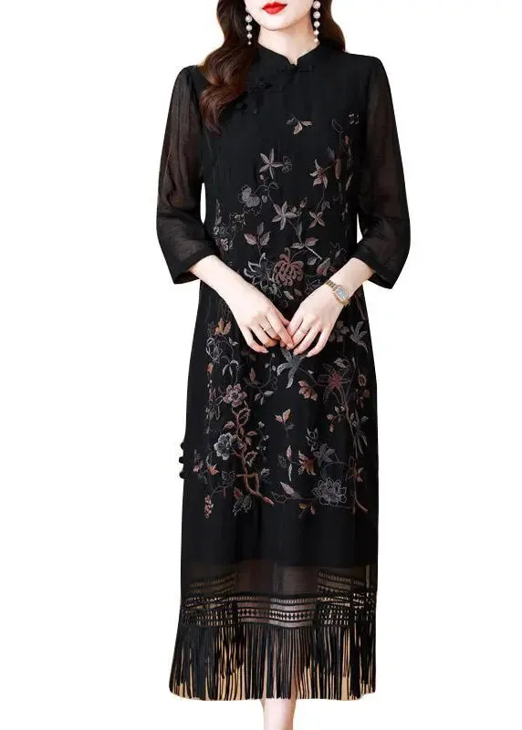 Vintage Black Tasseled Embroidered Silk Long Dresses Bracelet Sleeve HA1035