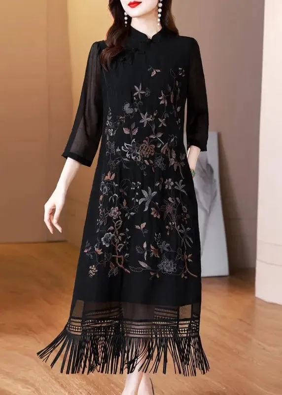 Vintage Black Tasseled Embroidered Silk Long Dresses Bracelet Sleeve HA1035