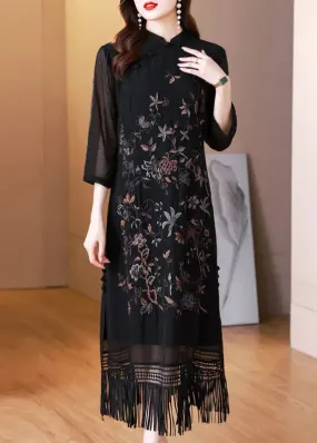 Vintage Black Tasseled Embroidered Silk Long Dresses Bracelet Sleeve HA1035