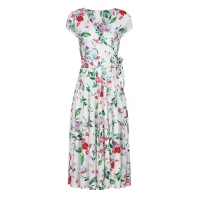 White Floral Bird Print Cap Sleeve Crossover Top Swing Dress